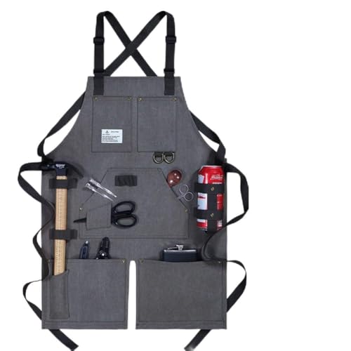 Tablier de travail robuste pour le travail du bois avec toile épaisse imperméable, fond fendu pour le mouvement et rangement pratique des outils (gris foncé)