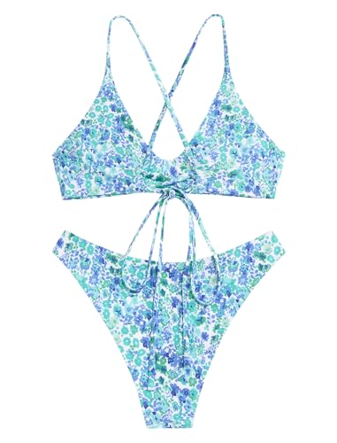Image of ZAFUL Women's Tie Back Padded High Cut Bralette Bikini Set Two Piece Swimsuit