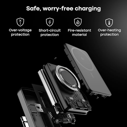 Image of Noise Qi2 Certified MagSafe Wireless 10000mAh Power Bank + 65W Type-C to Type-C Braided Cable (1M):Built-in Stand,15W Wireless & 22.5W Wired Output, Strong Magnetic Hold, for Android & iPhones-Onyx