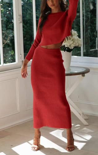 Image of chouyatou Women's Ribbed Sweater Sets Crop Top and Maxi Bodycon Skirt Sets 2 Piece Outfits