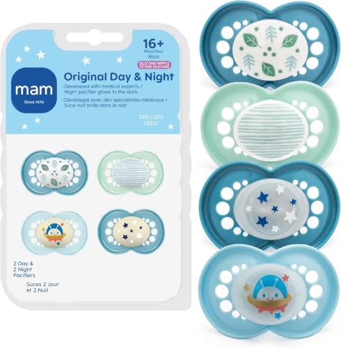 Image of MAM Original Baby Pacifiers 16+ Months, Binky for Newborn Babies, BPA-Free Skin Soft Silicone Nipple, Glows in The Dark, Developed with Medical Experts, Made in Europe, 4 Count (Pack of 12)