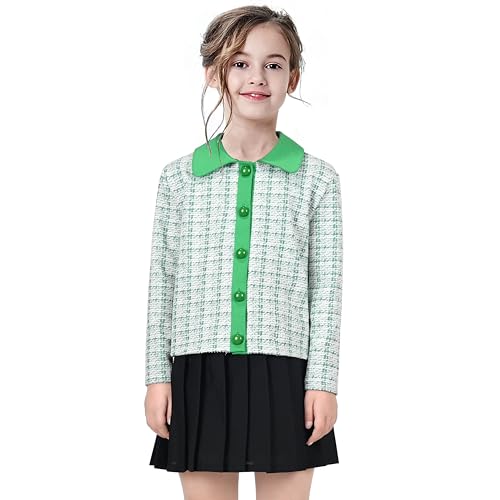 Image of Sunny Fashion Girls Outfit Set 2 Piece Green Plaid Knit Cardigan Pleated Skirt
