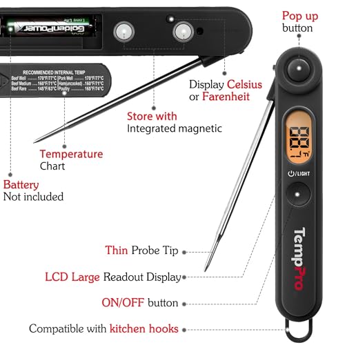 Image of TempPro Digital Meat Thermometer with Temperature Indicator, Instant Read Food Thermometer with Pop-up Meat Probe and Backlight for Oil Deep Fry Smoker BBQ Grill Kitchen Candy (Previously ThermoPro)