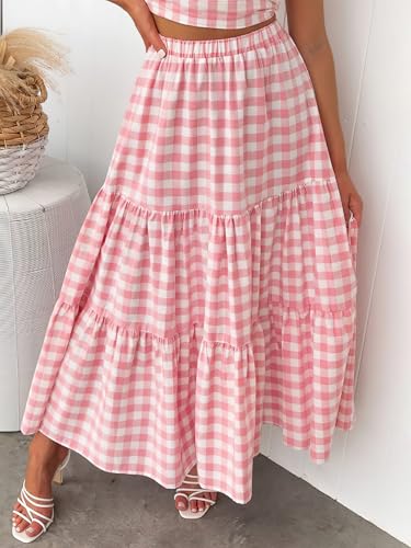 ebossy Women's Candy Color Slim Fit Elastic High Waist Plaid Gingham Tiered Flowy Boho Maxi Skirts with Pockets4