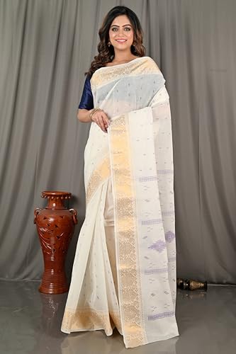 Image of eC ESHA'S COLLECTION Women's Kerala Cotton Floral Motif Printed Zari Bordered Tant Saree Without Blouse Piece