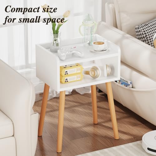Image of LUCKNOCK Night Stand (White) Mid-Century Modern Bedside Table with Solid Wood Legs, Minimalist and Practical End Side Table.