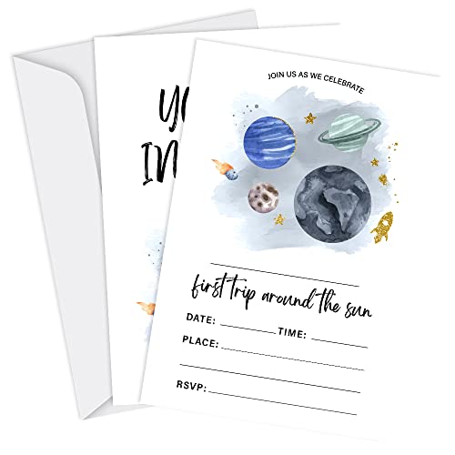 Tuyashua Outer Space First Birthday Party Invitations, First Trip Around The Sun Invitations, Outer Space Party Supplies for Boys Girls, Birthday Party Decorations, 20 Cards with Envelopes - I19