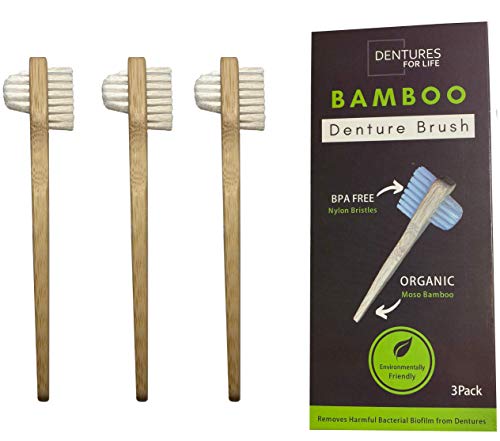 DENTURES FOR LIFE | Bamboo Denture Brush | Organic Bamboo Denture Toothbrush with Safe Nylon Bristles | Easy Access To Clean Hard to Reach Areas | Top Denture Cleaner Brush Set | 3 PACK