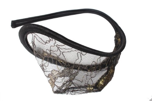 Men's C String Panty Black Lace Design One Size Fit Most (Black/Gold)