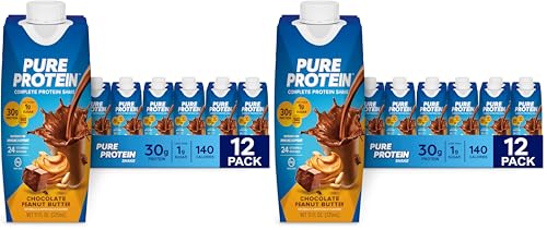 Image of Pure Protein Complete Shake, Chocolate Peanut Butter, 30g High Protein-Drink, Less than 1g Sugar, 3g Fiber, Ready to Drink, Non GMO, On-the-Go Shakes, 11oz Bottles, (Pack of 24)