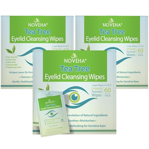 NOVEHA 180PCs Tea Tree Oil Eyelid &amp; Lash Wipes With Hyaluronic Acid, Green Tea &amp; Chamomile For Blepharitis &amp; Itchy Eyes, Individually Wrapped Eyelash Wipes Natural Makeup Remover &amp; Daily Cleanser
