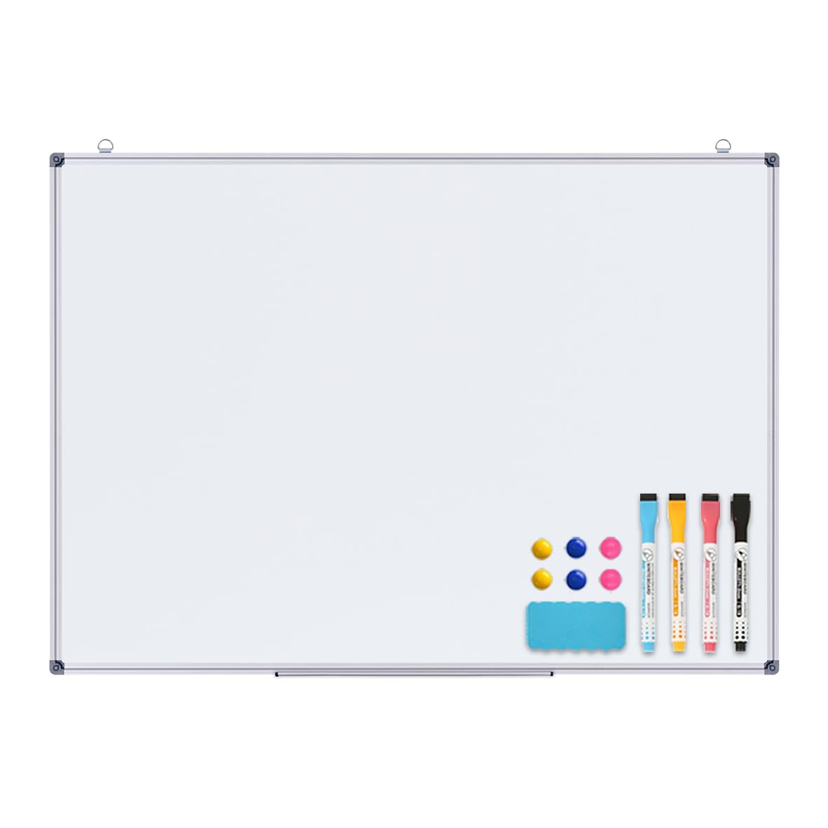 simpa Magnetic Dry Wipe Whiteboard with Silver Aluminium Frame and Pen Tray, 4PC Dry Wipe Pens, 6PC Magnets & White Board Eraser - 90cm (W) x 60cm (H)