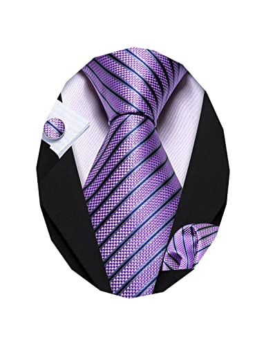 Image of Barry.Wang Tie Sets for Men Silk Stripe Necktie Woven Checkered Handkerchief Cufflinks Formal Business Wedding