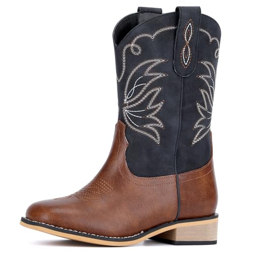 WOKOOT Kids Cowboy Boots for Boys Girls Square Toe Western Toddler Cowgirl Boots Mid-Calf Leather Chic Party Riding Boot Black/Brown Size 5 Big Kid