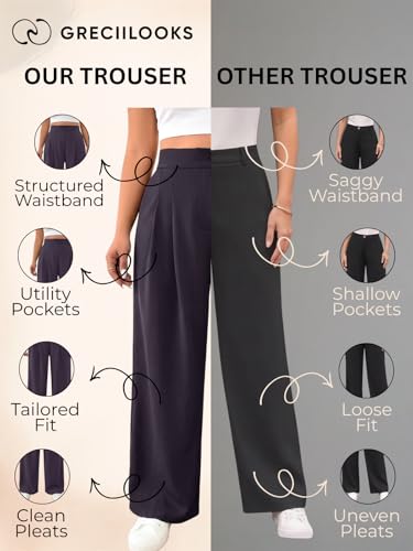 Image of GRECIILOOKS Trousers for Woman | Womens High Rise High Waist Flared Korean Style | Formal Pant for Women Office Wear| Track Pants for Womans Elegant for College & Events (Available in Plus Size)