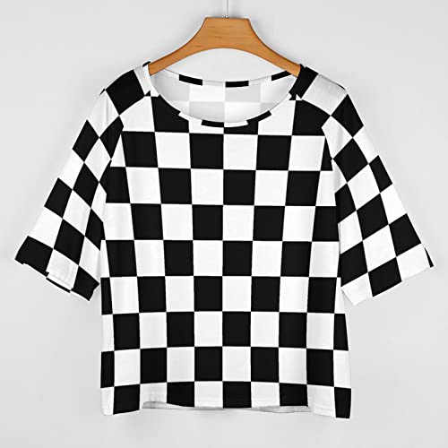 Black White Race Checkered Flag Pattern Womens Tops Sexy Off Shoulder Shirts Casual Short Sleeve T-Shirt2