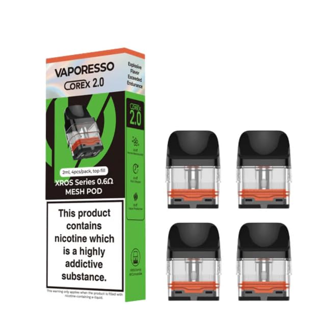 Xros Series Pods Corex 2.0 Pods compatible with XROS 4, 4 Mini, Xros 3 Nano 3 Mini 3 and 2 kits MTL 2ML - No Nicotine Compatible with Vaporesso - Vape Starter Kit - No Nicotine (0.6ohm - Pack of 4)