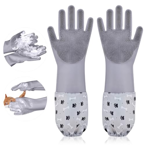 Risipu Extra Long Cat Grooming Glove, Non-Slip Dog Washing Gloves, Thickened Silicone Material Pet Grooming Gloves, Tear-Resistant not Easily Deformed not Wet Sleeves