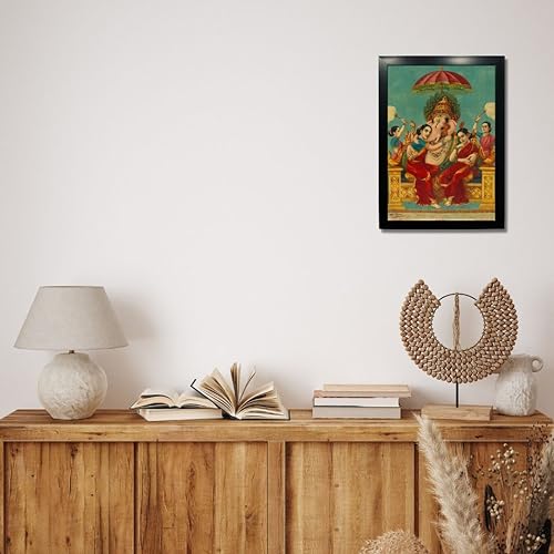 Image of Kagaz Kala - Vintage Art Prints - Hindu God Photos with Frames For Pooja Room Bedroom Living Room Decor Gifts Framed (Ganapati with Riddhi and Siddhi)