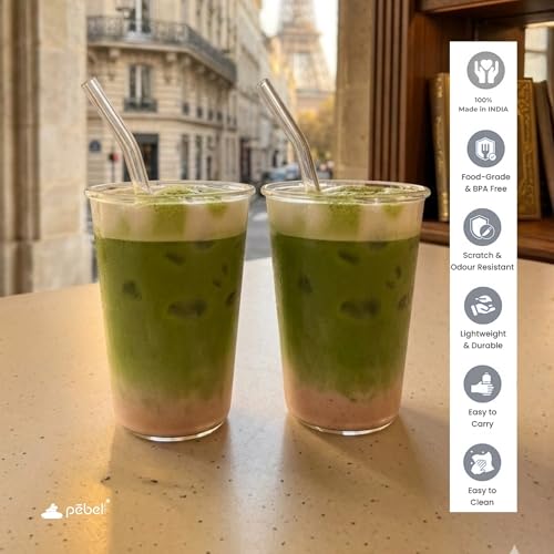 Image of PEBELLIFEWARE Aesthetic Glass Coffee Mugs (Set of 2) - Premium Borosilicate Clear Drinking Glasses for Iced Coffee, Matcha, Smoothies - Microwave & Dishwasher Safe (Conical Matcha 345ml)