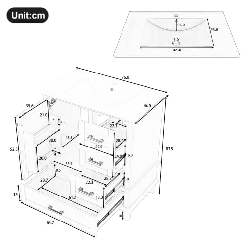 vutizal Weißer Badschrank 76x46cm – Waschtischunterschrank mit 3 geräuschlosen Schubladen, Keramikschale mit Stauraum