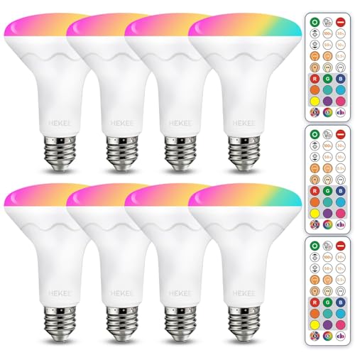 HEKEE BR30 LED Flood Light Bulbs, Color Changing, 5 CCT, 9 Colors, 3 Dynamic Mode with Remote Control, Indoor for Kitchen, Living Room, Party (8 Pack)