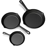 Pre Seasoned Cast Iron Skillets - 3 Pan Set - 9 inches, 8 inches, 6 inches - about 1.5 inches deep - Extra Long Handle - Great for both veggies and meat