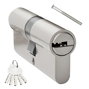 Bwintech 1 piece 35/35 mm Euro brass cylinder, 70 mm key/key cylinder lock with 5 horizontal brass keys, anti-picking, anti-drilling, anti-snap, anti-bumping, satin nickel finish