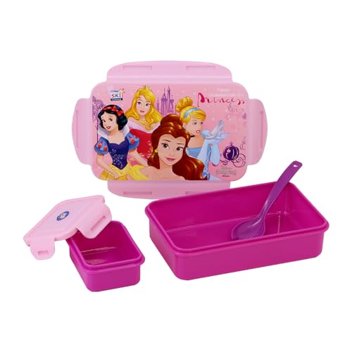Image of SKi Homeware Lock & Seal Disney Lunch Box + Water Bottle Combo, for School Kids, a Gift for Girls and Boys with Attractive Character Prints and Vibrant Colours (Princess 2)