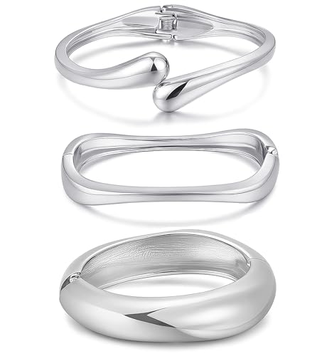 Chunky Silver Bangle Bracelets for Women, Dainty 14k Silver Plated Big Stackable Bangles Set, Trendy Cuff Bracelet Stack Fashion Jewelry Gifts (A1-silver)