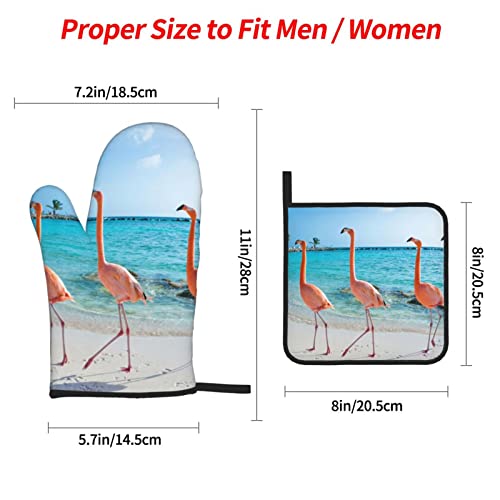 Pink Flamingo On Beach Oven Mitts And Pot Holders Set Durable Heat Insulation Waterproof Kitchen Oven Gloves For Baking Cooking Bbq Pack Of 4 #TOP3