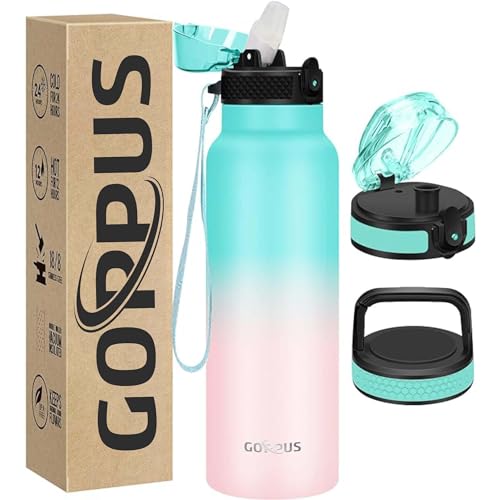 GOPPUS 750ml/26oz Stainless Water Bottle with Straw Double Wall Insulated Bottles with Strap Reusable Vacuum Thermal Flask Leakproof Keep Cold Drinks Bottles with Flip Top Lid for Men Women BPA Free