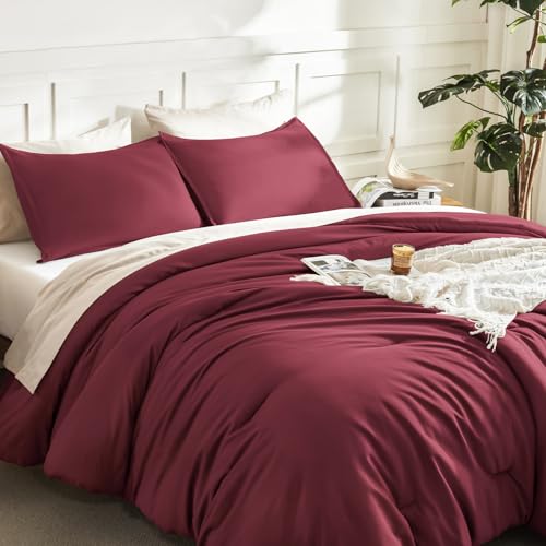 Image of Litanika Burgundy Red Comforter Set Full Size, 3 Pieces Lightweight Solid Bedding Comforter Set, All Season Fluffy Bed Set (79x90In Comforter & 2 Pillowcases)