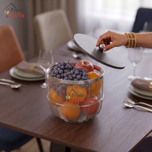 Image of Decorative Net (Jaali) Design Fruit and Vegetables Basket with Natural Wooden Lid | Premium Insect Resistant Storage Organizer for Home and Kitchen - Silver