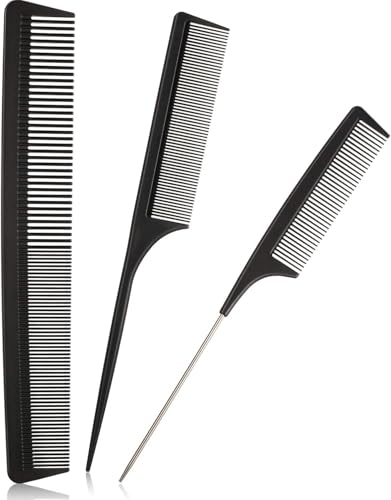Image of 3 Pieces Tail Combs Set Carbon Styling Comb Fiber Rat Tail Comb Anti Static Heat Resistant Barber Hairdressing Comb Steel Pintail Comb Cutting Fine Tooth Comb Teasing Hair Comb for Women Men, Black