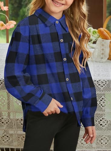 Image of SELINK Girls Long Sleeve Flannel Buffalo Plaid Button Down Shirt | Soft Flannel Fabric,Classic Buffalo Plaid Button Down Collared Blouse For Girls Casual Daily Outfits