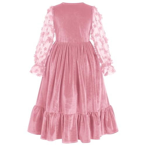 IDOPIP Girls Mesh Long Sleeve Velvet Dress 3D Flower Winter Fall Ruffle Dress Prom Christmas Christening First Communion Gown3