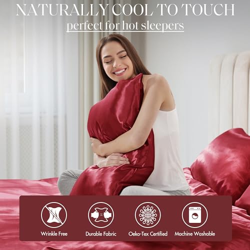 Image of Madison Park Essentials Satin Sheets Cal King Size Bed Set, 6 Piece, Red | Luxury and Smooth Silky Bedding with Natural Sheen, All Around Elastic 14 inch Pocket fits up to 16 inch Mattress, Year-Round Cozy