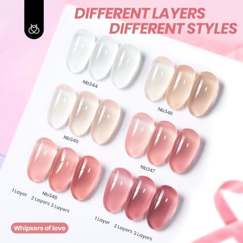 Image of beetles Gel Polish Whispers of Love Jelly Gel Nail Polish Set - 6 Colors Milky White Nude Pink Neutral Sheer Translucent Soak Off UV Gel Nail Kit, Nail Concealer for Salon DIY Manicure Gift Women