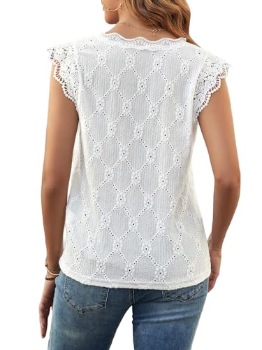 SweatyRocks Women's Floral Lace Scallop Trim Cap Sleeve Eyelet Embroidery V Neck Tee Shirt2