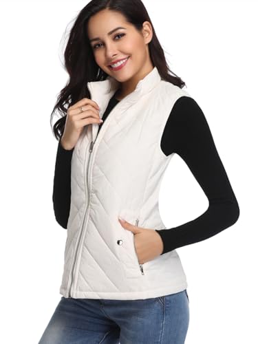 fuinloth Damen Weste, Herbst Leichte Steppweste Westen Ärmellos Jacke Kurz Vest Gilet Weiß L