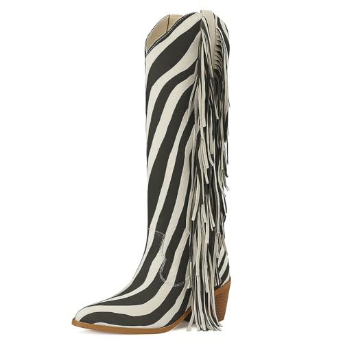 Image of KiutSymo Cowgirl Fringe Boots for Women Knee High Cowboy Boots | Fringe Cowboy Boots for Women, Pointed Toe Tassels Chunky Heel Western Cowgirl Boots, Country Music Festivals Wedding Party