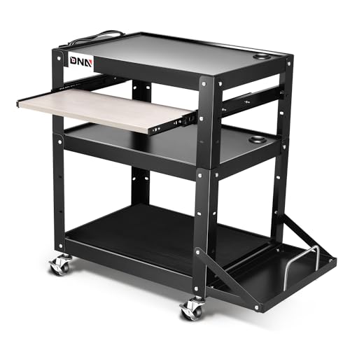 Image of DNA Motoring Steel AV Cart 3-Layer Rolling Projector Utility Cart, 24 inch X 18 inch X 20 inch - 30.5 inch Height Adjustable, with Wheels, Pullout Keyboard Tray, Power Strip, Cord Management, TOOLS-00495