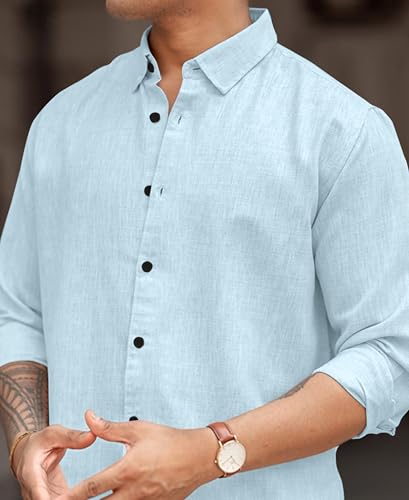 Image of Men's Solid Linen Blend Cotton Shirt | Full Sleeve Plain Shirt for Men | Regular Fit Casual & Formal Wear