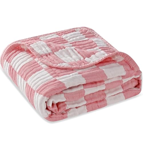Image of Ultra-Soft Muslin Baby Blanket - Swaddle & Crib for Girls, Pink Checkered (1-Pack)