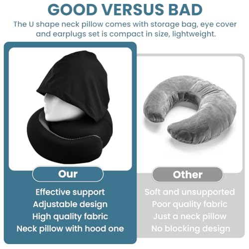 Image of Travel Pillow - Hooded Neck Pillow for Travel, Airplane Neck Pillows Stowable Hood, Memory Foam Head Chin Support Pillows for Office /Airplane /Car(Color:Black)