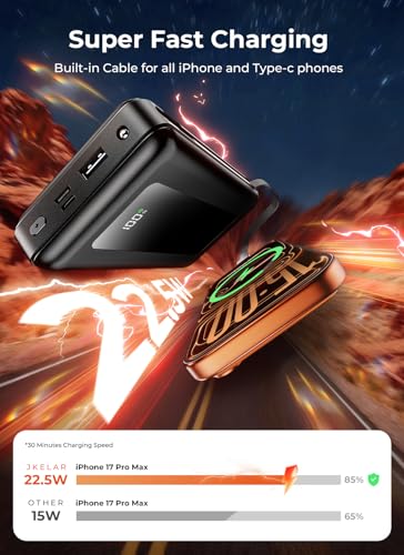 JKELAR Portable Charger, 50000mAh Power Bank with Built-in Cables, PD 22.5W Fast Charging with Flashlight, High-Capacity Portable Phone Charger for iPhone, Android, Travel Camping Essential