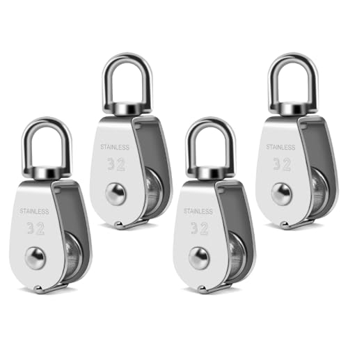 4PCS M32 Single Pulley Snatch Block 304 Stainless Steel Lifting Crane Swivel Hook, 2/5" Rope x 1.2" Sheave
