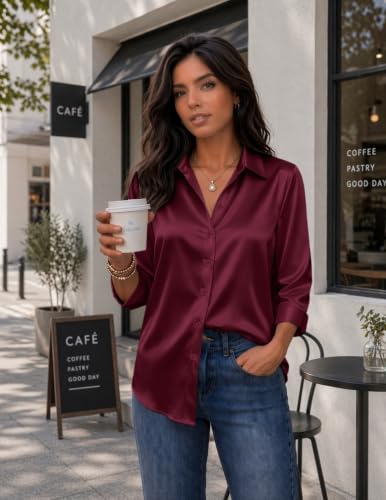 Image of Zeagoo Womens Satin Blouses Button Down Shirts 3 /4 Sleeve Dressy Tops S-2XL