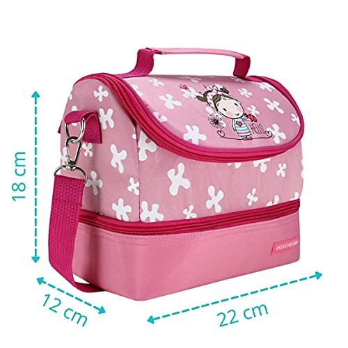 LANCHEIRA TÉRMICA BOLSA ESCOLAR MENINA ALÇA AJUSTÁVEL 2 COMPARTIMENTOS PASSARO JACKI DESIGN PINK